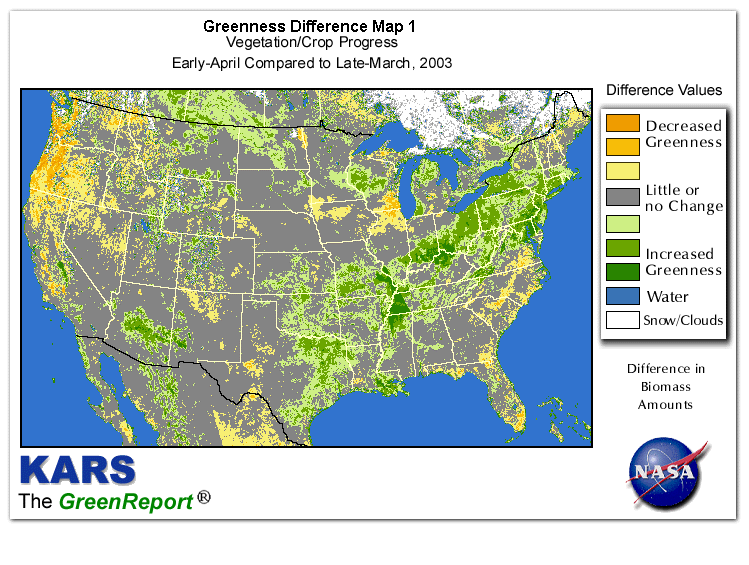 Color-coded U.S. vegetation greeness index map for Period 14 of 2003, illustrating spatial variations in plant vigor, with greener tones indicating higher biomass and browner tones indicating stressed vegetation,
              comparing current crop/vegetation change in biomass to the previous week within the same year.