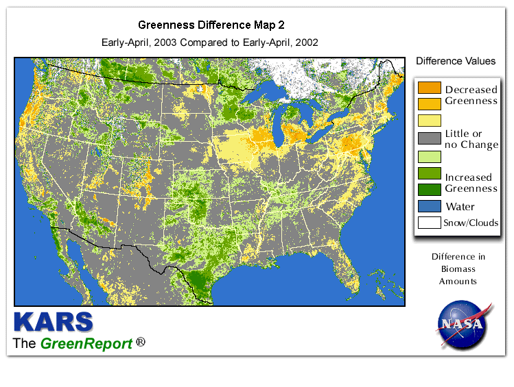 Color-coded U.S. vegetation greeness index map for Period 14 of 2003, illustrating spatial variations in plant vigor, with greener tones indicating higher biomass and browner tones indicating stressed vegetation,
              comparing current crop/vegetation change in biomass to same period from the previous year.