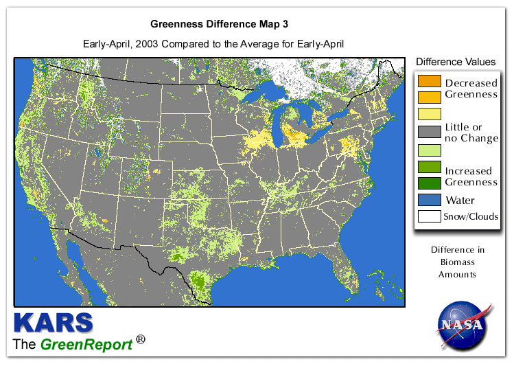 Color-coded U.S. vegetation greeness index map for Period 14 of 2003, illustrating spatial variations in plant vigor, with greener tones indicating higher biomass and browner tones indicating stressed vegetation,
              comparing current crop/vegetation change in biomass to the 20-year greenness average.