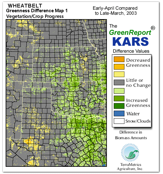 Color-coded Wheat Belt vegetation greeness index map for Period 14 of 2003, illustrating spatial variations in plant vigor, with greener tones indicating higher biomass and browner tones indicating stressed vegetation,
              comparing current crop/vegetation change in biomass to the previous week within the same year.
