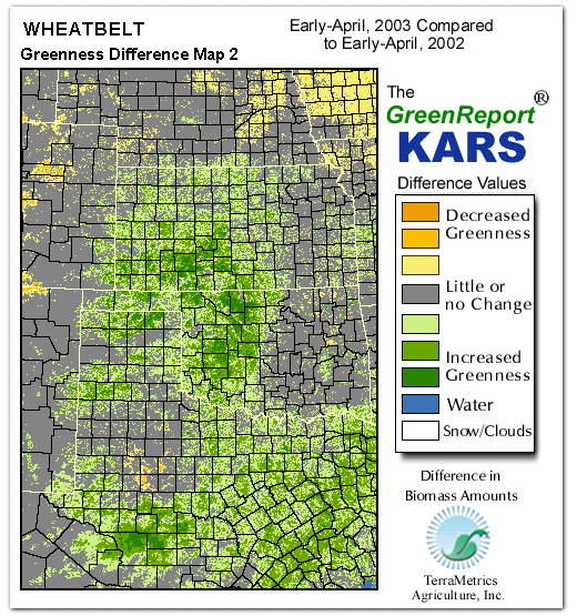 Color-coded Wheat Belt vegetation greeness index map for Period 14 of 2003, illustrating spatial variations in plant vigor, with greener tones indicating higher biomass and browner tones indicating stressed vegetation,
              comparing current crop/vegetation change in biomass to same period from the previous year.