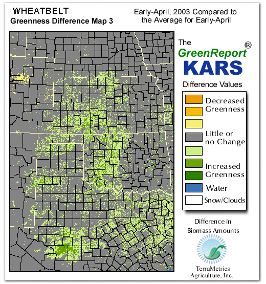 Color-coded Wheat Belt vegetation greeness index map for Period 14 of 2003, illustrating spatial variations in plant vigor, with greener tones indicating higher biomass and browner tones indicating stressed vegetation,
              comparing current crop/vegetation change in biomass to the 20-year greenness average.