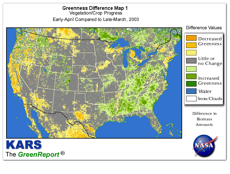 Color-coded U.S. vegetation greeness index map for Period 15 of 2003, illustrating spatial variations in plant vigor, with greener tones indicating higher biomass and browner tones indicating stressed vegetation,
              comparing current crop/vegetation change in biomass to the previous week within the same year.