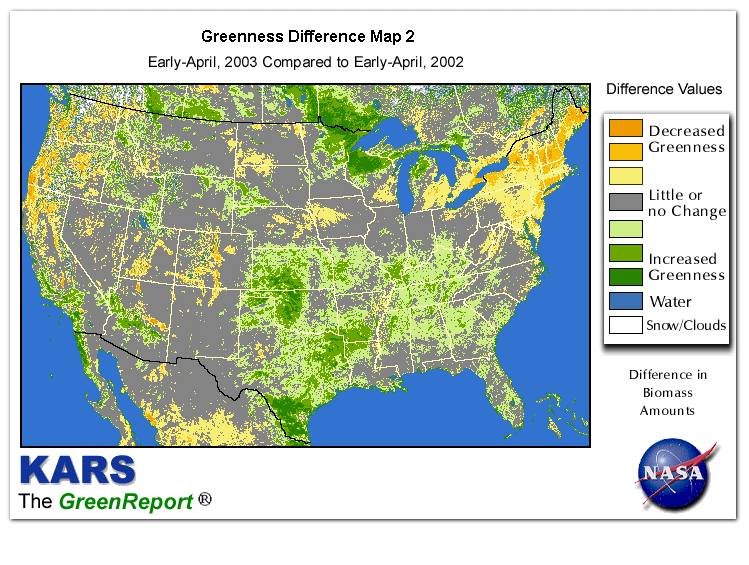 Color-coded U.S. vegetation greeness index map for Period 15 of 2003, illustrating spatial variations in plant vigor, with greener tones indicating higher biomass and browner tones indicating stressed vegetation,
              comparing current crop/vegetation change in biomass to same period from the previous year.