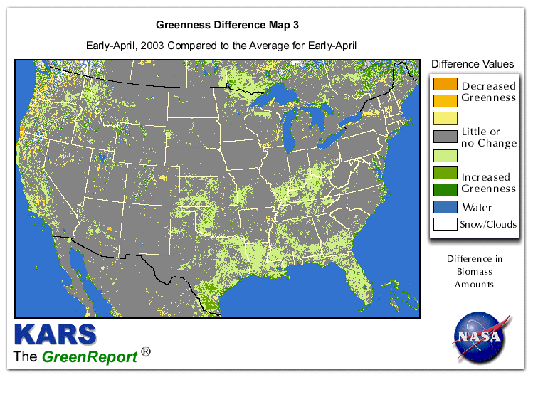 Color-coded U.S. vegetation greeness index map for Period 15 of 2003, illustrating spatial variations in plant vigor, with greener tones indicating higher biomass and browner tones indicating stressed vegetation,
              comparing current crop/vegetation change in biomass to the 20-year greenness average.