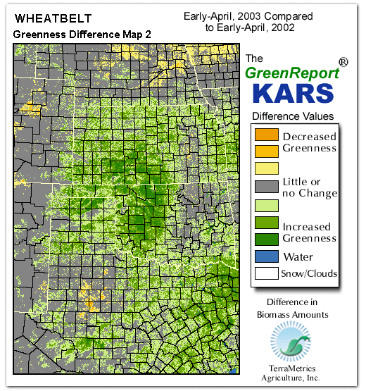 Color-coded Wheat Belt vegetation greeness index map for Period 15 of 2003, illustrating spatial variations in plant vigor, with greener tones indicating higher biomass and browner tones indicating stressed vegetation,
              comparing current crop/vegetation change in biomass to same period from the previous year.