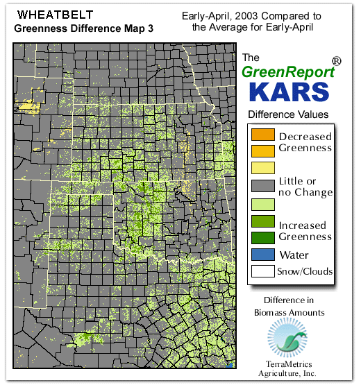 Color-coded Wheat Belt vegetation greeness index map for Period 15 of 2003, illustrating spatial variations in plant vigor, with greener tones indicating higher biomass and browner tones indicating stressed vegetation,
              comparing current crop/vegetation change in biomass to the 20-year greenness average.