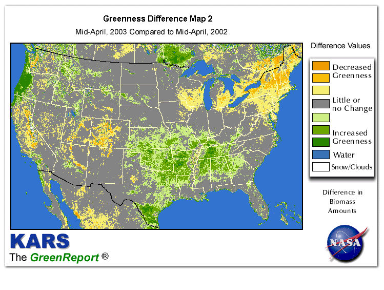 Color-coded U.S. vegetation greeness index map for Period 16 of 2003, illustrating spatial variations in plant vigor, with greener tones indicating higher biomass and browner tones indicating stressed vegetation,
              comparing current crop/vegetation change in biomass to same period from the previous year.