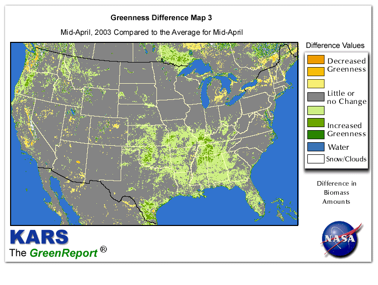 Color-coded U.S. vegetation greeness index map for Period 16 of 2003, illustrating spatial variations in plant vigor, with greener tones indicating higher biomass and browner tones indicating stressed vegetation,
              comparing current crop/vegetation change in biomass to the 20-year greenness average.