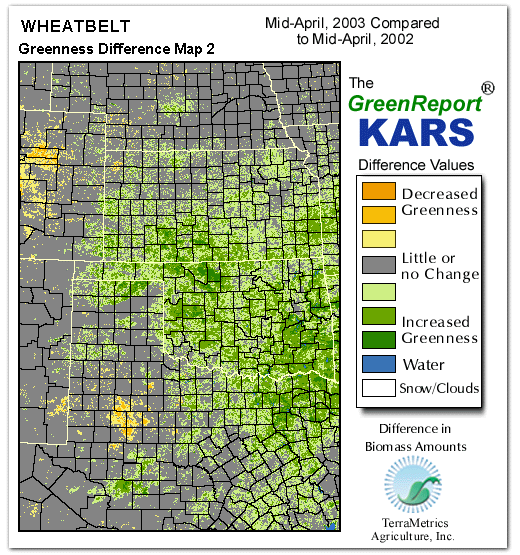 Color-coded Wheat Belt vegetation greeness index map for Period 16 of 2003, illustrating spatial variations in plant vigor, with greener tones indicating higher biomass and browner tones indicating stressed vegetation,
              comparing current crop/vegetation change in biomass to same period from the previous year.