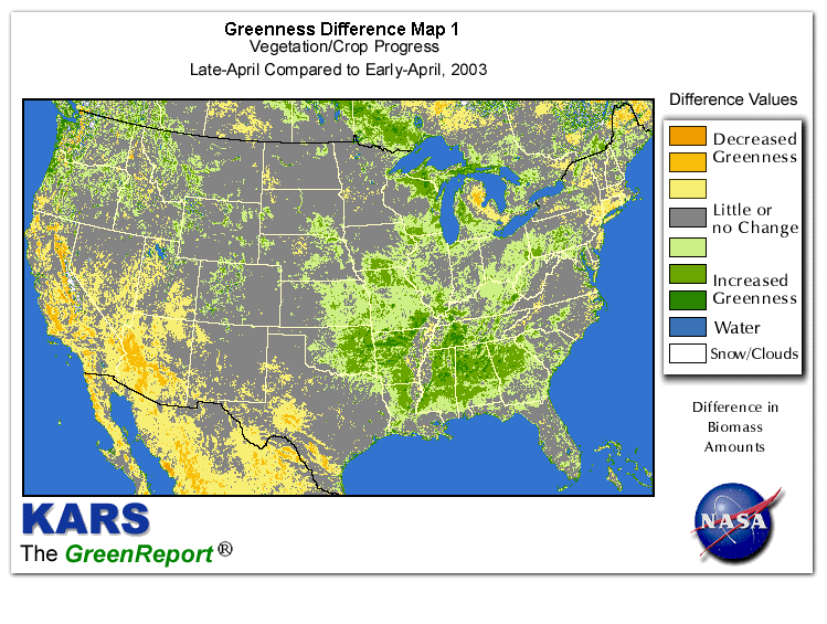 Color-coded U.S. vegetation greeness index map for Period 17 of 2003, illustrating spatial variations in plant vigor, with greener tones indicating higher biomass and browner tones indicating stressed vegetation,
              comparing current crop/vegetation change in biomass to the previous week within the same year.