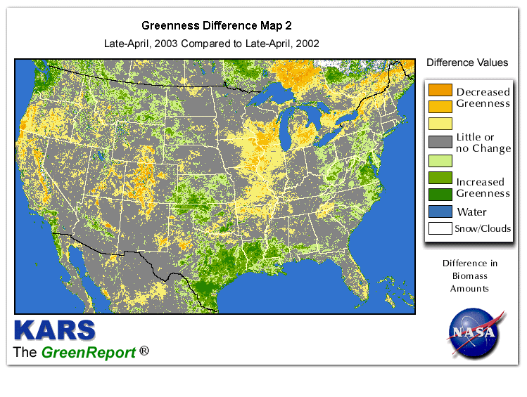 Color-coded U.S. vegetation greeness index map for Period 17 of 2003, illustrating spatial variations in plant vigor, with greener tones indicating higher biomass and browner tones indicating stressed vegetation,
              comparing current crop/vegetation change in biomass to same period from the previous year.