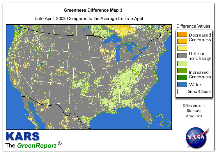 Color-coded U.S. vegetation greeness index map for Period 17 of 2003, illustrating spatial variations in plant vigor, with greener tones indicating higher biomass and browner tones indicating stressed vegetation,
              comparing current crop/vegetation change in biomass to the 20-year greenness average.