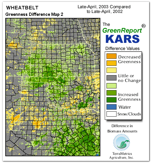 Color-coded Wheat Belt vegetation greeness index map for Period 17 of 2003, illustrating spatial variations in plant vigor, with greener tones indicating higher biomass and browner tones indicating stressed vegetation,
              comparing current crop/vegetation change in biomass to same period from the previous year.