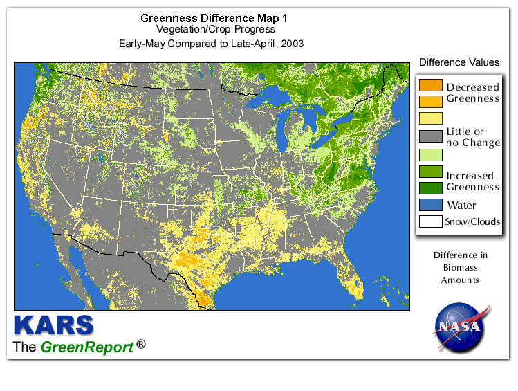 Color-coded U.S. vegetation greeness index map for Period 18 of 2003, illustrating spatial variations in plant vigor, with greener tones indicating higher biomass and browner tones indicating stressed vegetation,
              comparing current crop/vegetation change in biomass to the previous week within the same year.