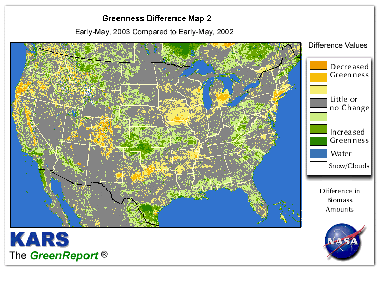 Color-coded U.S. vegetation greeness index map for Period 18 of 2003, illustrating spatial variations in plant vigor, with greener tones indicating higher biomass and browner tones indicating stressed vegetation,
              comparing current crop/vegetation change in biomass to same period from the previous year.