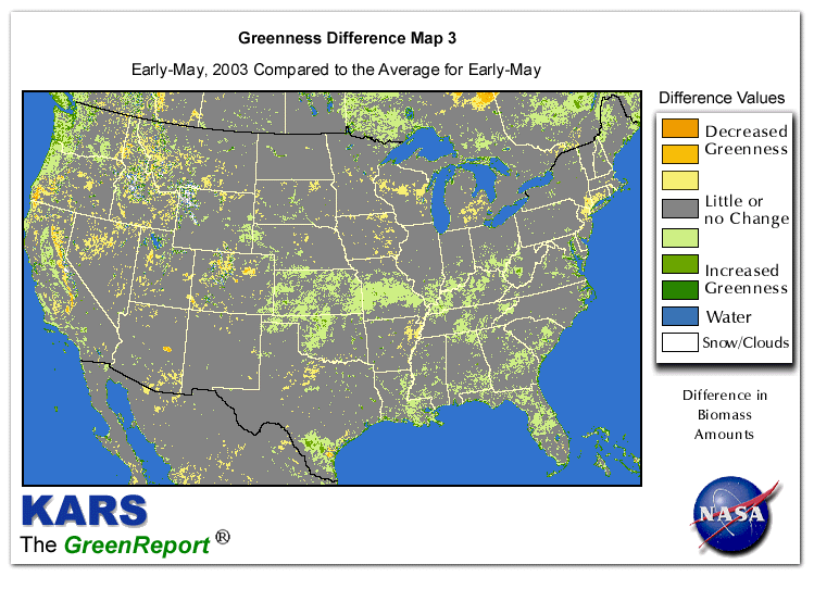 Color-coded U.S. vegetation greeness index map for Period 18 of 2003, illustrating spatial variations in plant vigor, with greener tones indicating higher biomass and browner tones indicating stressed vegetation,
              comparing current crop/vegetation change in biomass to the 20-year greenness average.