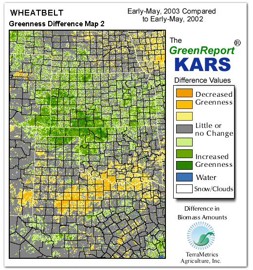 Color-coded Wheat Belt vegetation greeness index map for Period 18 of 2003, illustrating spatial variations in plant vigor, with greener tones indicating higher biomass and browner tones indicating stressed vegetation,
              comparing current crop/vegetation change in biomass to same period from the previous year.