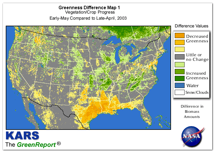 Color-coded U.S. vegetation greeness index map for Period 19 of 2003, illustrating spatial variations in plant vigor, with greener tones indicating higher biomass and browner tones indicating stressed vegetation,
              comparing current crop/vegetation change in biomass to the previous week within the same year.