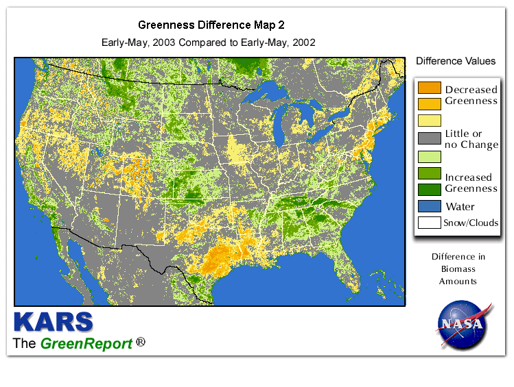 Color-coded U.S. vegetation greeness index map for Period 19 of 2003, illustrating spatial variations in plant vigor, with greener tones indicating higher biomass and browner tones indicating stressed vegetation,
              comparing current crop/vegetation change in biomass to same period from the previous year.