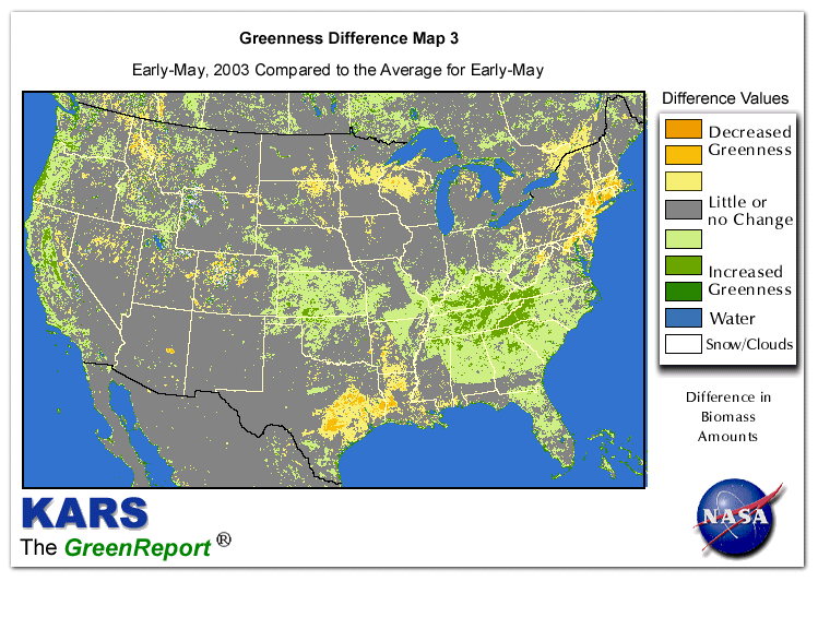Color-coded U.S. vegetation greeness index map for Period 19 of 2003, illustrating spatial variations in plant vigor, with greener tones indicating higher biomass and browner tones indicating stressed vegetation,
              comparing current crop/vegetation change in biomass to the 20-year greenness average.