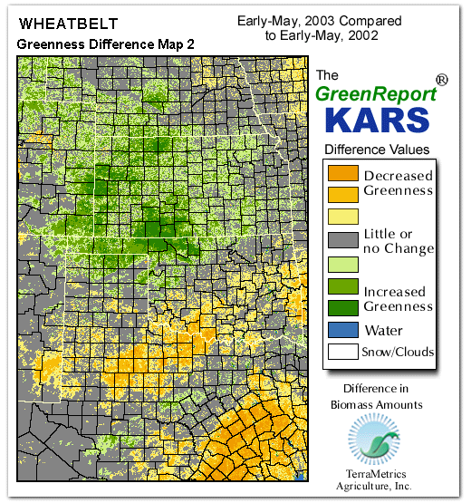 Color-coded Wheat Belt vegetation greeness index map for Period 19 of 2003, illustrating spatial variations in plant vigor, with greener tones indicating higher biomass and browner tones indicating stressed vegetation,
              comparing current crop/vegetation change in biomass to same period from the previous year.