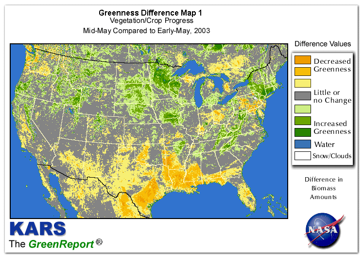 Color-coded U.S. vegetation greeness index map for Period 20 of 2003, illustrating spatial variations in plant vigor, with greener tones indicating higher biomass and browner tones indicating stressed vegetation,
              comparing current crop/vegetation change in biomass to the previous week within the same year.