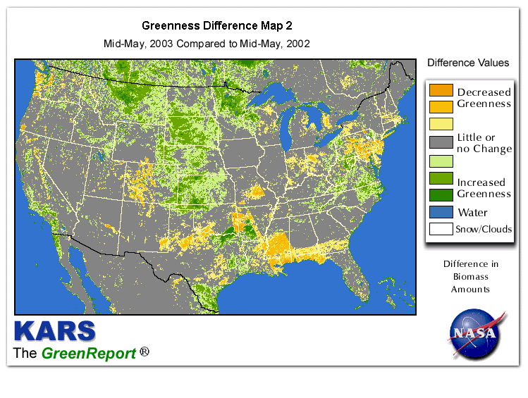 Color-coded U.S. vegetation greeness index map for Period 20 of 2003, illustrating spatial variations in plant vigor, with greener tones indicating higher biomass and browner tones indicating stressed vegetation,
              comparing current crop/vegetation change in biomass to same period from the previous year.