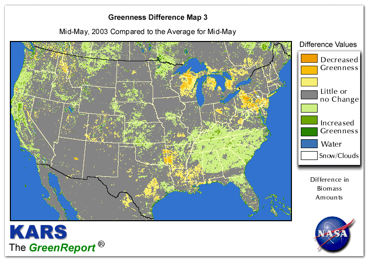 Color-coded U.S. vegetation greeness index map for Period 20 of 2003, illustrating spatial variations in plant vigor, with greener tones indicating higher biomass and browner tones indicating stressed vegetation,
              comparing current crop/vegetation change in biomass to the 20-year greenness average.