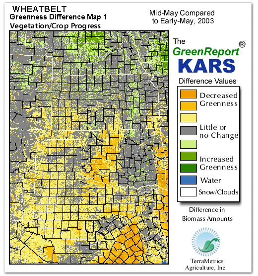 Color-coded Wheat Belt vegetation greeness index map for Period 20 of 2003, illustrating spatial variations in plant vigor, with greener tones indicating higher biomass and browner tones indicating stressed vegetation,
              comparing current crop/vegetation change in biomass to the previous week within the same year.
