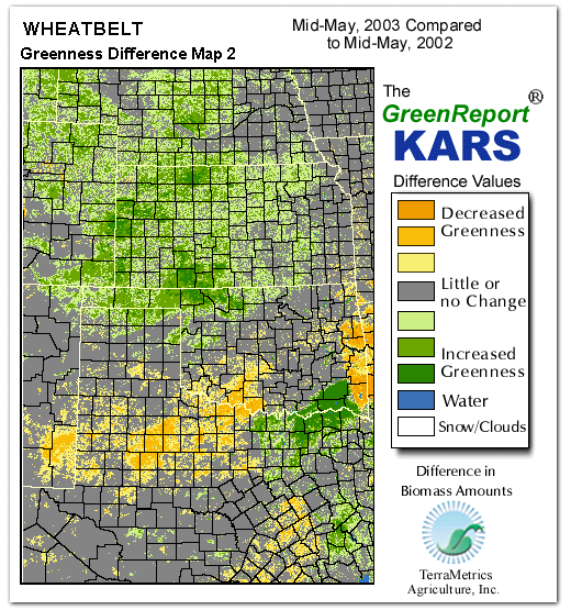 Color-coded Wheat Belt vegetation greeness index map for Period 20 of 2003, illustrating spatial variations in plant vigor, with greener tones indicating higher biomass and browner tones indicating stressed vegetation,
              comparing current crop/vegetation change in biomass to same period from the previous year.