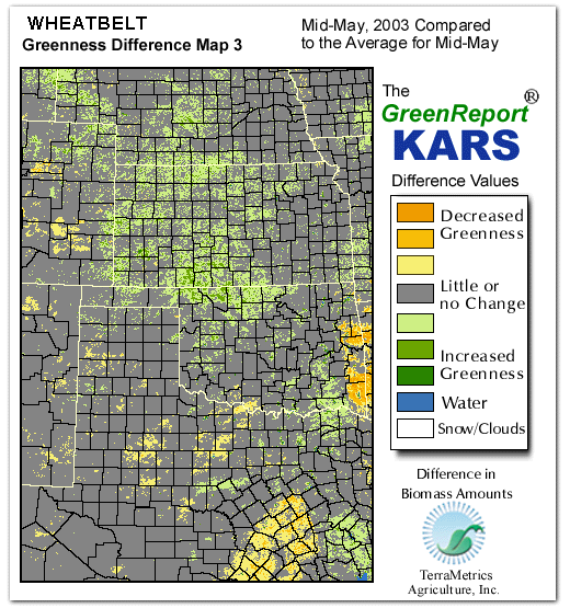 Color-coded Wheat Belt vegetation greeness index map for Period 20 of 2003, illustrating spatial variations in plant vigor, with greener tones indicating higher biomass and browner tones indicating stressed vegetation,
              comparing current crop/vegetation change in biomass to the 20-year greenness average.