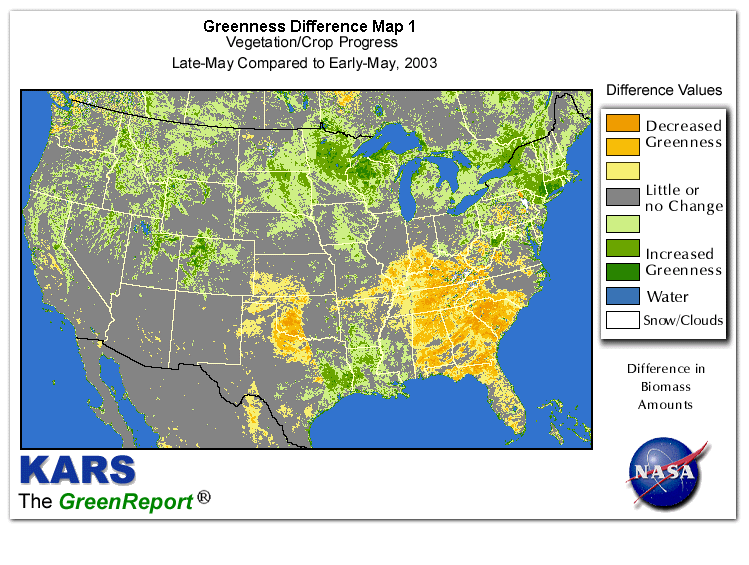 Color-coded U.S. vegetation greeness index map for Period 21 of 2003, illustrating spatial variations in plant vigor, with greener tones indicating higher biomass and browner tones indicating stressed vegetation,
              comparing current crop/vegetation change in biomass to the previous week within the same year.