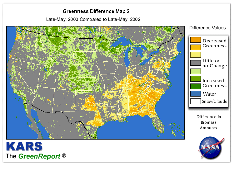Color-coded U.S. vegetation greeness index map for Period 21 of 2003, illustrating spatial variations in plant vigor, with greener tones indicating higher biomass and browner tones indicating stressed vegetation,
              comparing current crop/vegetation change in biomass to same period from the previous year.