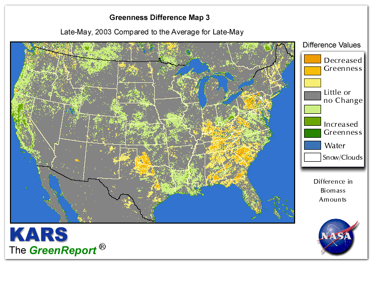 Color-coded U.S. vegetation greeness index map for Period 21 of 2003, illustrating spatial variations in plant vigor, with greener tones indicating higher biomass and browner tones indicating stressed vegetation,
              comparing current crop/vegetation change in biomass to the 20-year greenness average.