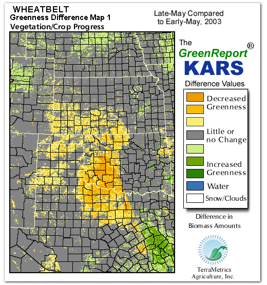 Color-coded Wheat Belt vegetation greeness index map for Period 21 of 2003, illustrating spatial variations in plant vigor, with greener tones indicating higher biomass and browner tones indicating stressed vegetation,
              comparing current crop/vegetation change in biomass to the previous week within the same year.
