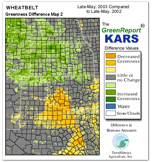 Color-coded Wheat Belt vegetation greeness index map for Period 21 of 2003, illustrating spatial variations in plant vigor, with greener tones indicating higher biomass and browner tones indicating stressed vegetation,
              comparing current crop/vegetation change in biomass to same period from the previous year.