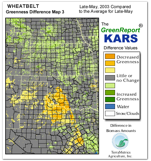 Color-coded Wheat Belt vegetation greeness index map for Period 21 of 2003, illustrating spatial variations in plant vigor, with greener tones indicating higher biomass and browner tones indicating stressed vegetation,
              comparing current crop/vegetation change in biomass to the 20-year greenness average.