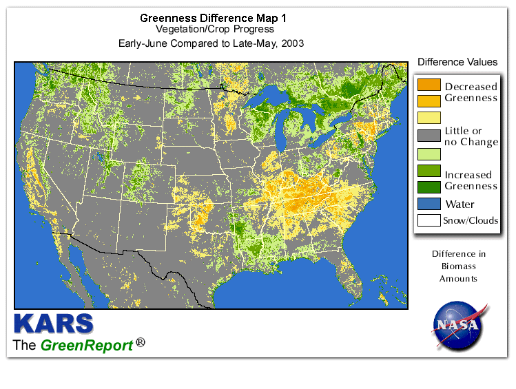 Color-coded U.S. vegetation greeness index map for Period 22 of 2003, illustrating spatial variations in plant vigor, with greener tones indicating higher biomass and browner tones indicating stressed vegetation,
              comparing current crop/vegetation change in biomass to the previous week within the same year.