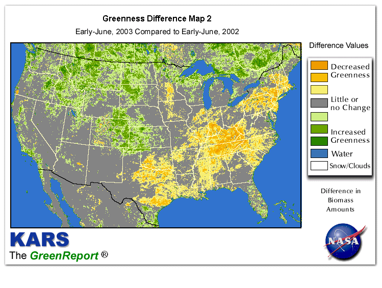 Color-coded U.S. vegetation greeness index map for Period 22 of 2003, illustrating spatial variations in plant vigor, with greener tones indicating higher biomass and browner tones indicating stressed vegetation,
              comparing current crop/vegetation change in biomass to same period from the previous year.