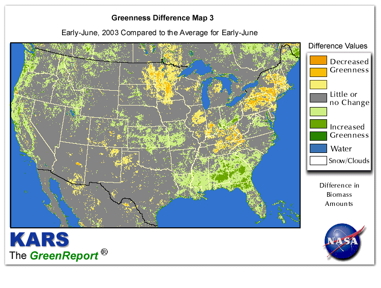Color-coded U.S. vegetation greeness index map for Period 22 of 2003, illustrating spatial variations in plant vigor, with greener tones indicating higher biomass and browner tones indicating stressed vegetation,
              comparing current crop/vegetation change in biomass to the 20-year greenness average.
