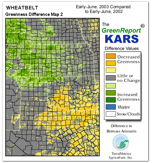 Color-coded Wheat Belt vegetation greeness index map for Period 22 of 2003, illustrating spatial variations in plant vigor, with greener tones indicating higher biomass and browner tones indicating stressed vegetation,
              comparing current crop/vegetation change in biomass to same period from the previous year.