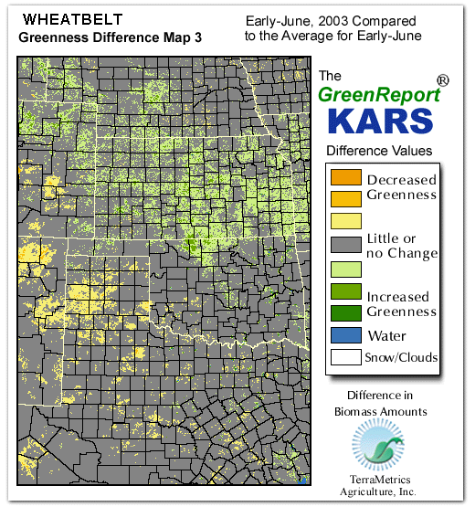 Color-coded Wheat Belt vegetation greeness index map for Period 22 of 2003, illustrating spatial variations in plant vigor, with greener tones indicating higher biomass and browner tones indicating stressed vegetation,
              comparing current crop/vegetation change in biomass to the 20-year greenness average.