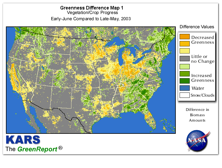 Color-coded U.S. vegetation greeness index map for Period 23 of 2003, illustrating spatial variations in plant vigor, with greener tones indicating higher biomass and browner tones indicating stressed vegetation,
              comparing current crop/vegetation change in biomass to the previous week within the same year.