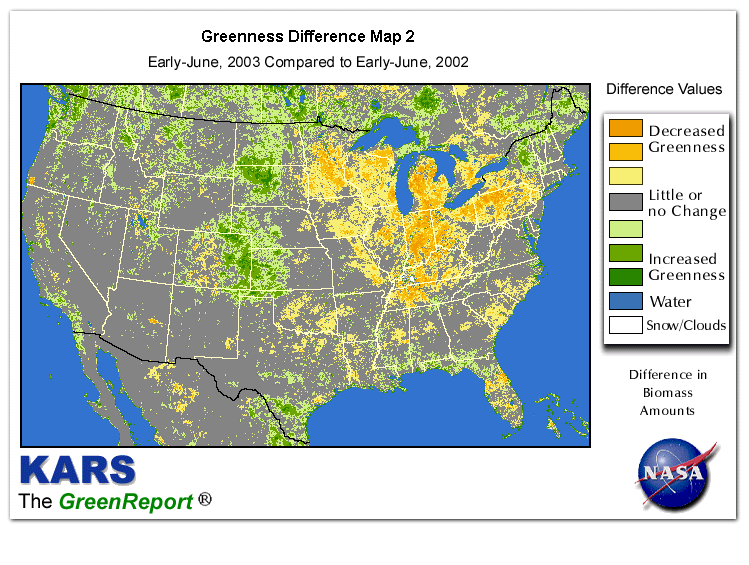 Color-coded U.S. vegetation greeness index map for Period 23 of 2003, illustrating spatial variations in plant vigor, with greener tones indicating higher biomass and browner tones indicating stressed vegetation,
              comparing current crop/vegetation change in biomass to same period from the previous year.