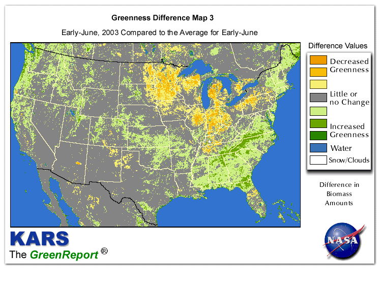 Color-coded U.S. vegetation greeness index map for Period 23 of 2003, illustrating spatial variations in plant vigor, with greener tones indicating higher biomass and browner tones indicating stressed vegetation,
              comparing current crop/vegetation change in biomass to the 20-year greenness average.