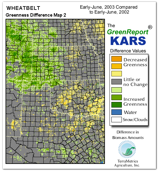 Color-coded Wheat Belt vegetation greeness index map for Period 23 of 2003, illustrating spatial variations in plant vigor, with greener tones indicating higher biomass and browner tones indicating stressed vegetation,
              comparing current crop/vegetation change in biomass to same period from the previous year.