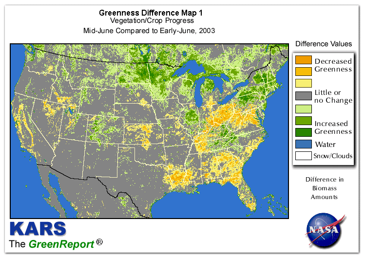 Color-coded U.S. vegetation greeness index map for Period 24 of 2003, illustrating spatial variations in plant vigor, with greener tones indicating higher biomass and browner tones indicating stressed vegetation,
              comparing current crop/vegetation change in biomass to the previous week within the same year.