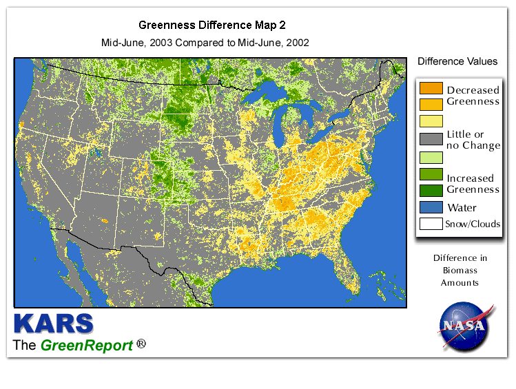Color-coded U.S. vegetation greeness index map for Period 24 of 2003, illustrating spatial variations in plant vigor, with greener tones indicating higher biomass and browner tones indicating stressed vegetation,
              comparing current crop/vegetation change in biomass to same period from the previous year.