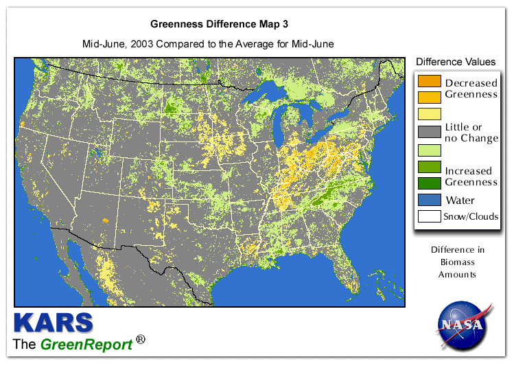 Color-coded U.S. vegetation greeness index map for Period 24 of 2003, illustrating spatial variations in plant vigor, with greener tones indicating higher biomass and browner tones indicating stressed vegetation,
              comparing current crop/vegetation change in biomass to the 20-year greenness average.